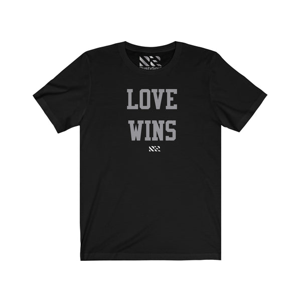 "Love Wins" (Gray w White Logo) Unisex Jersey Short Sleeve Tee